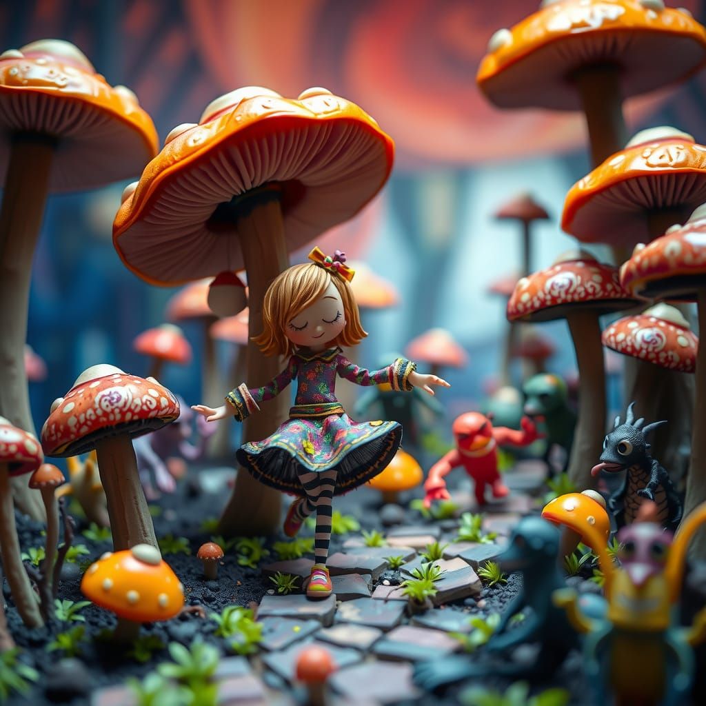 Whimsical Stop Motion Character Dancing in Surreal Landscape