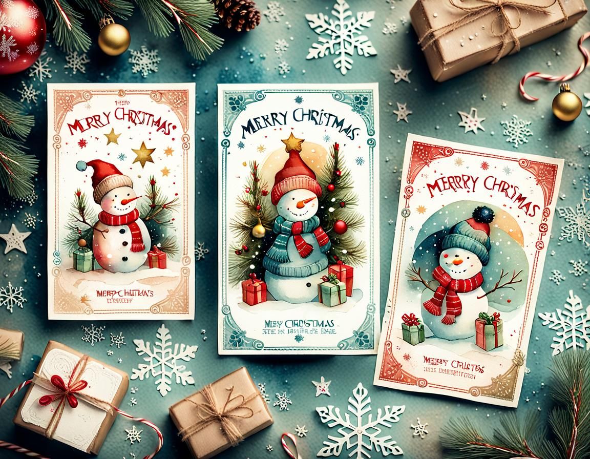 Vintage Christmas Postcards with Children and Snowmen