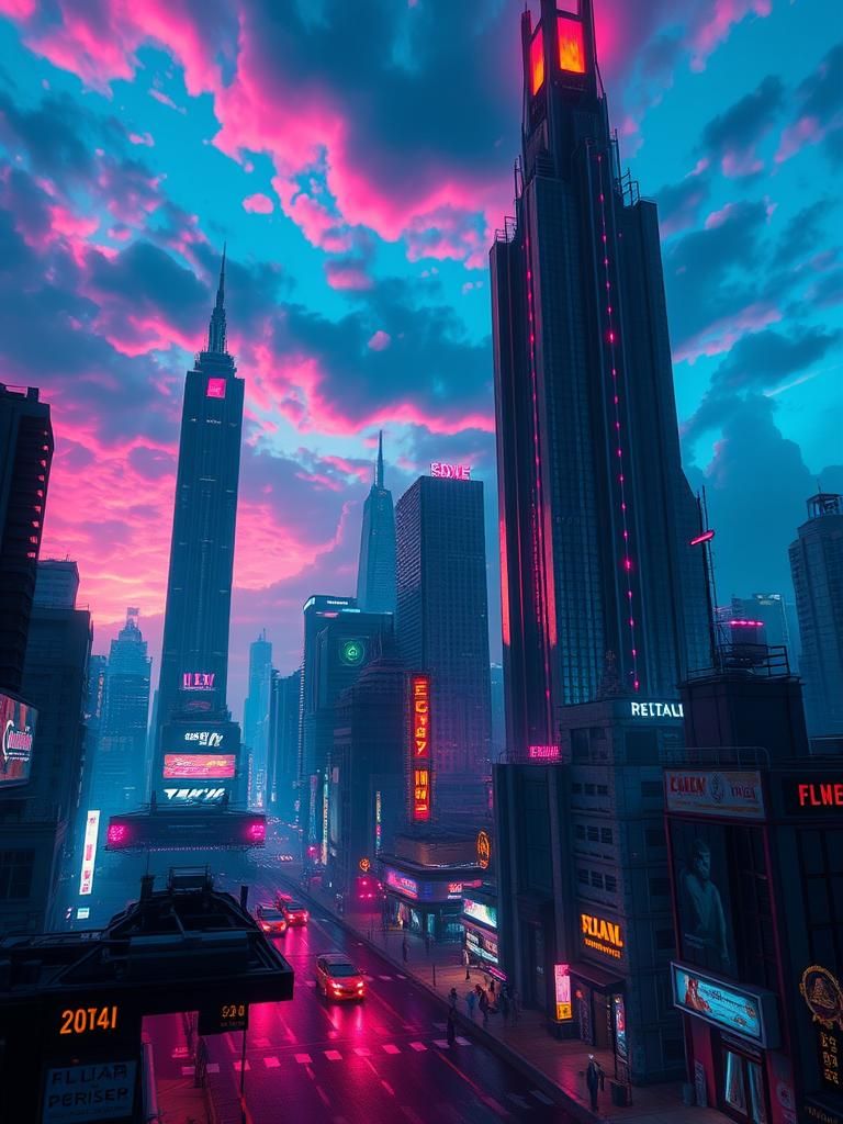 Dystopian Metropolis Under Hex-Code Sky in 3D