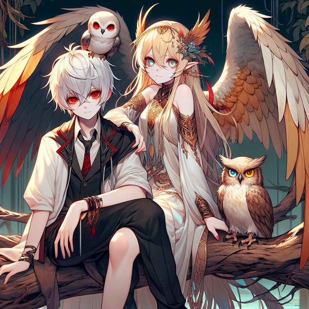 Anime Emo Boy and Harpy in Fantasy Scene