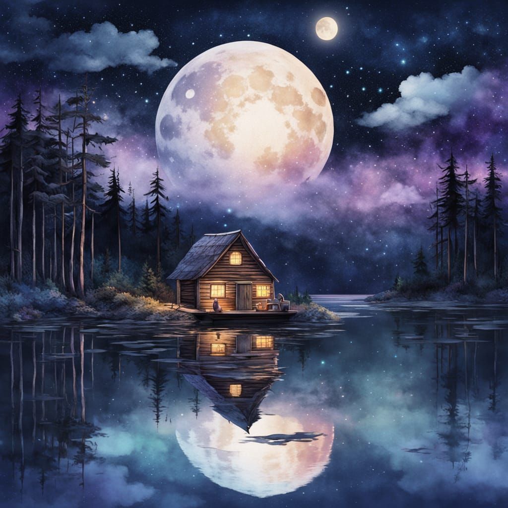 Moonlit Cabin by the Lake