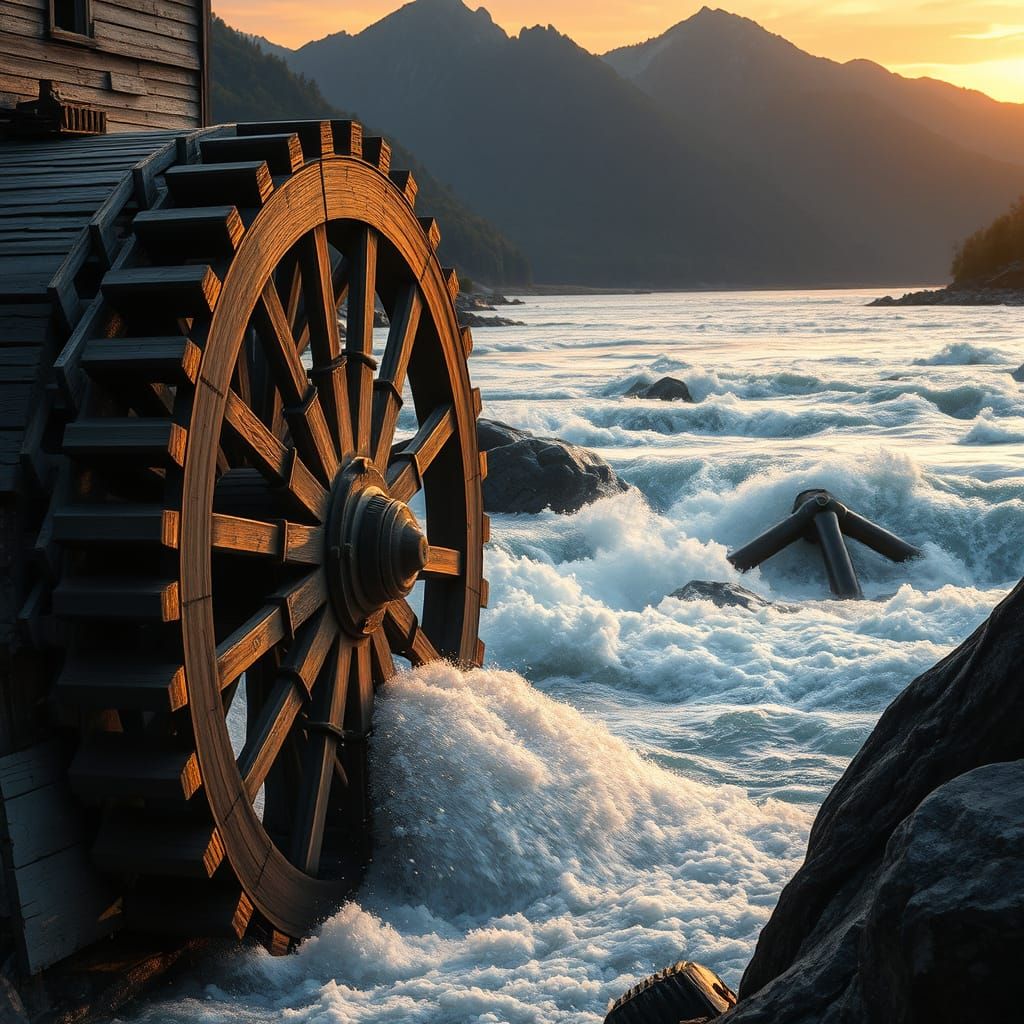 Majestic Waterwheel at Sunset, Silvery Gray and Golden Light