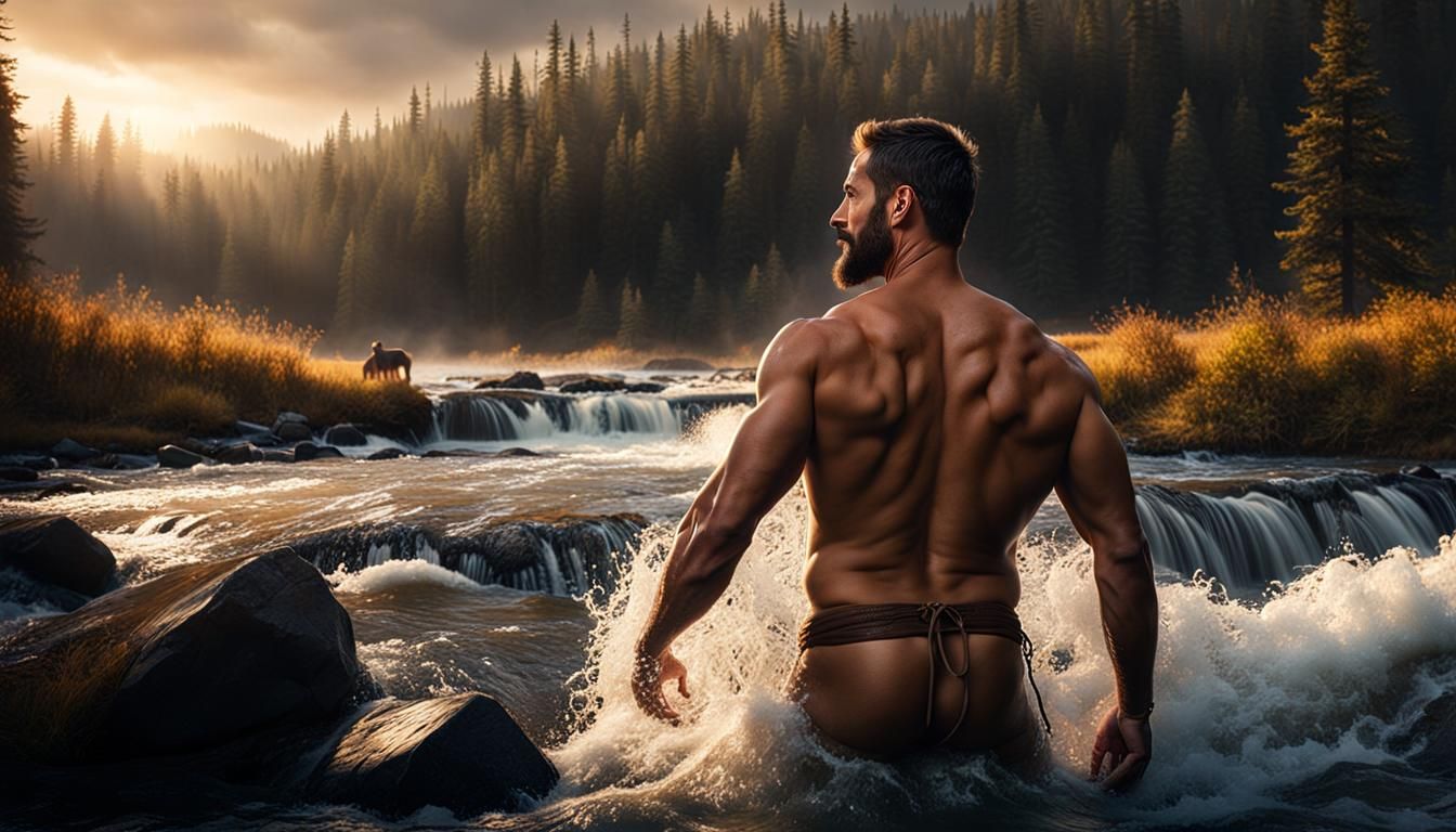 Naked Cowboys Emerge From Snowy River in Hyperrealism