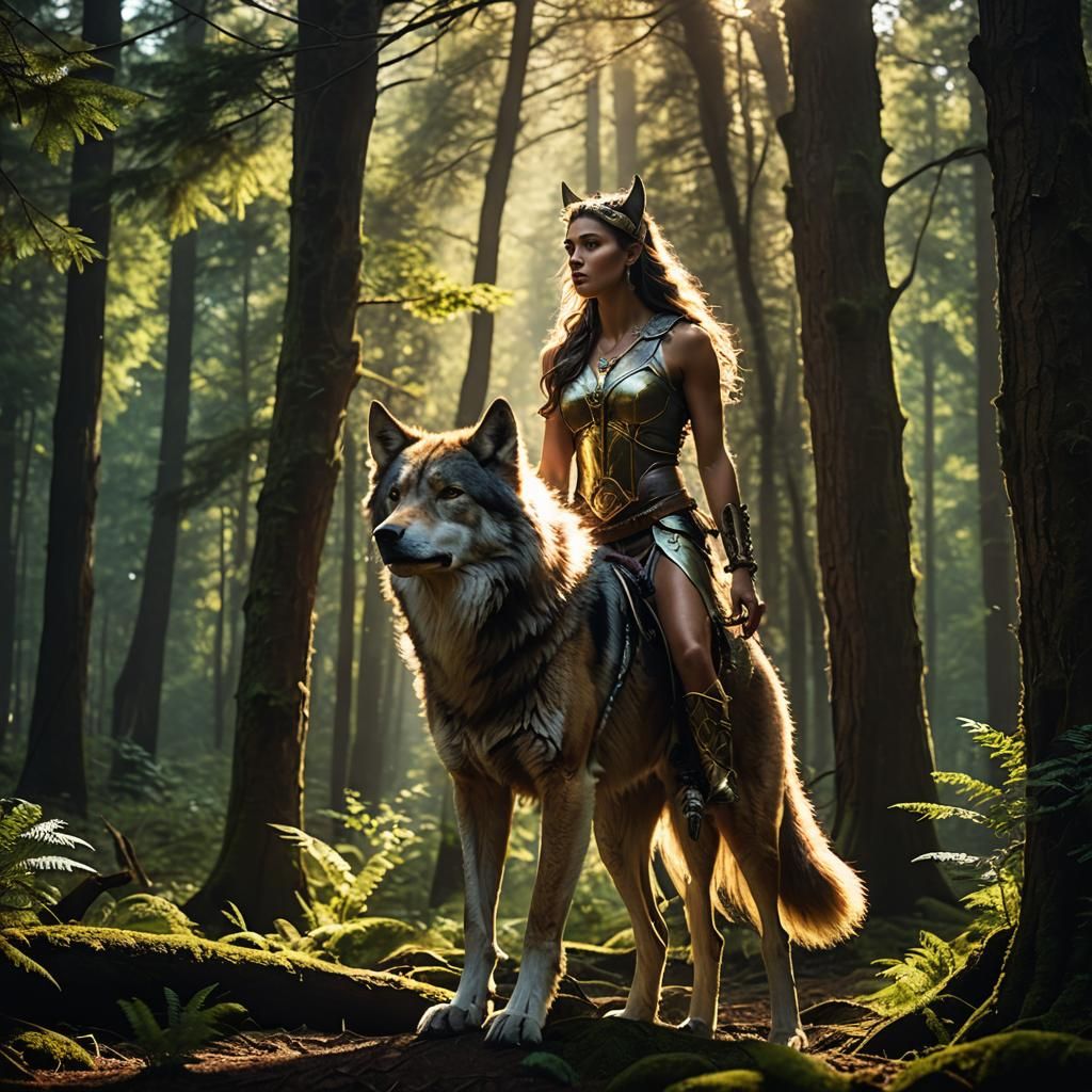 Dramatic Wolf Woman in Forest: Cinematic Film Still