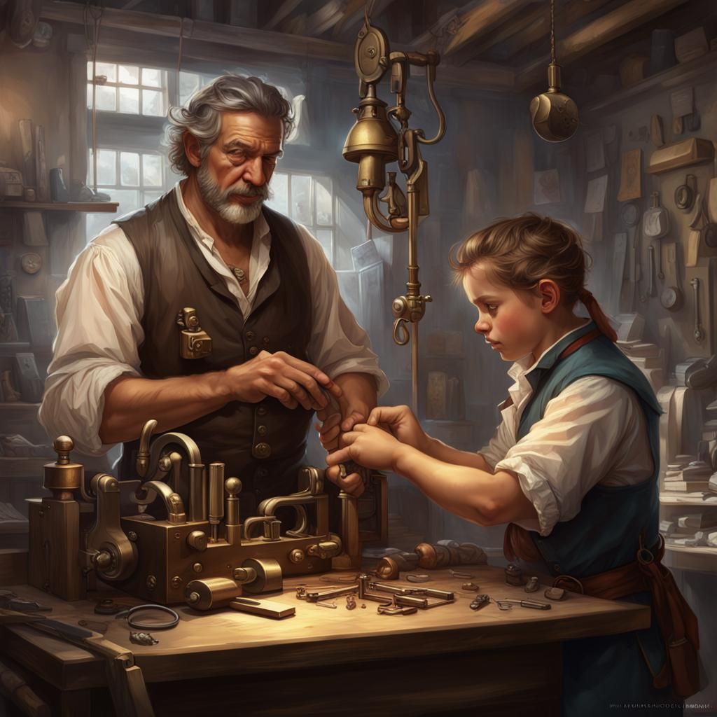 Colonial Locksmith Teaching Apprentice, Digital Art