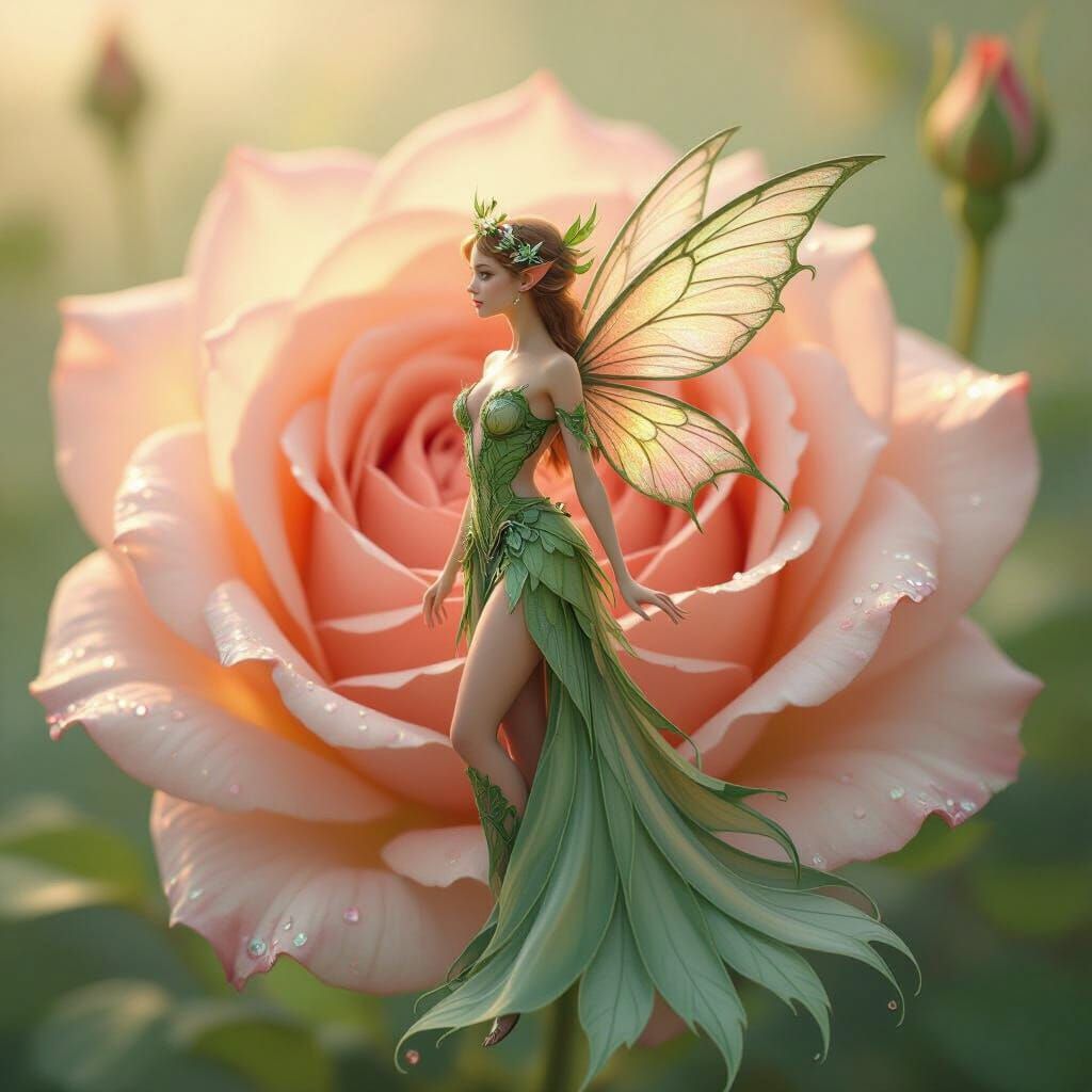 Elegant Pixie in Organic Costume Amidst Giant Rose