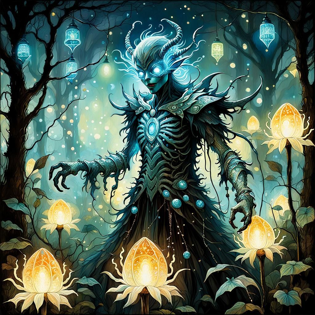 Psychedelic Monster in Luminescent Garden, Cel-Shaded