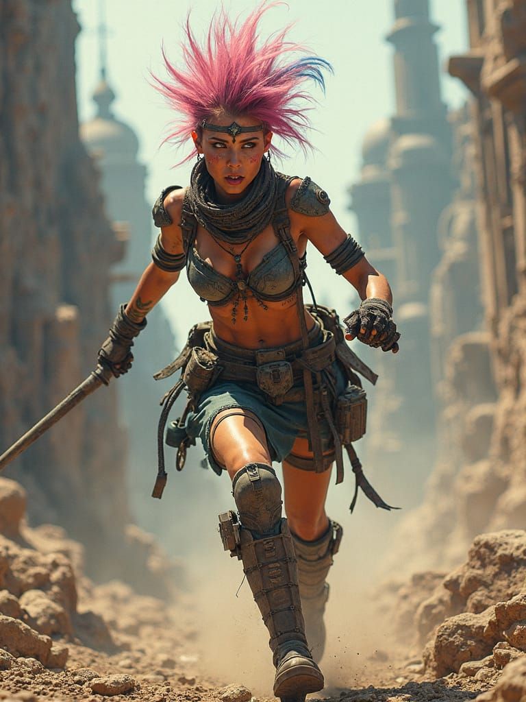 Dieselpunk Woman Warrior in Post-Apocalyptic World
