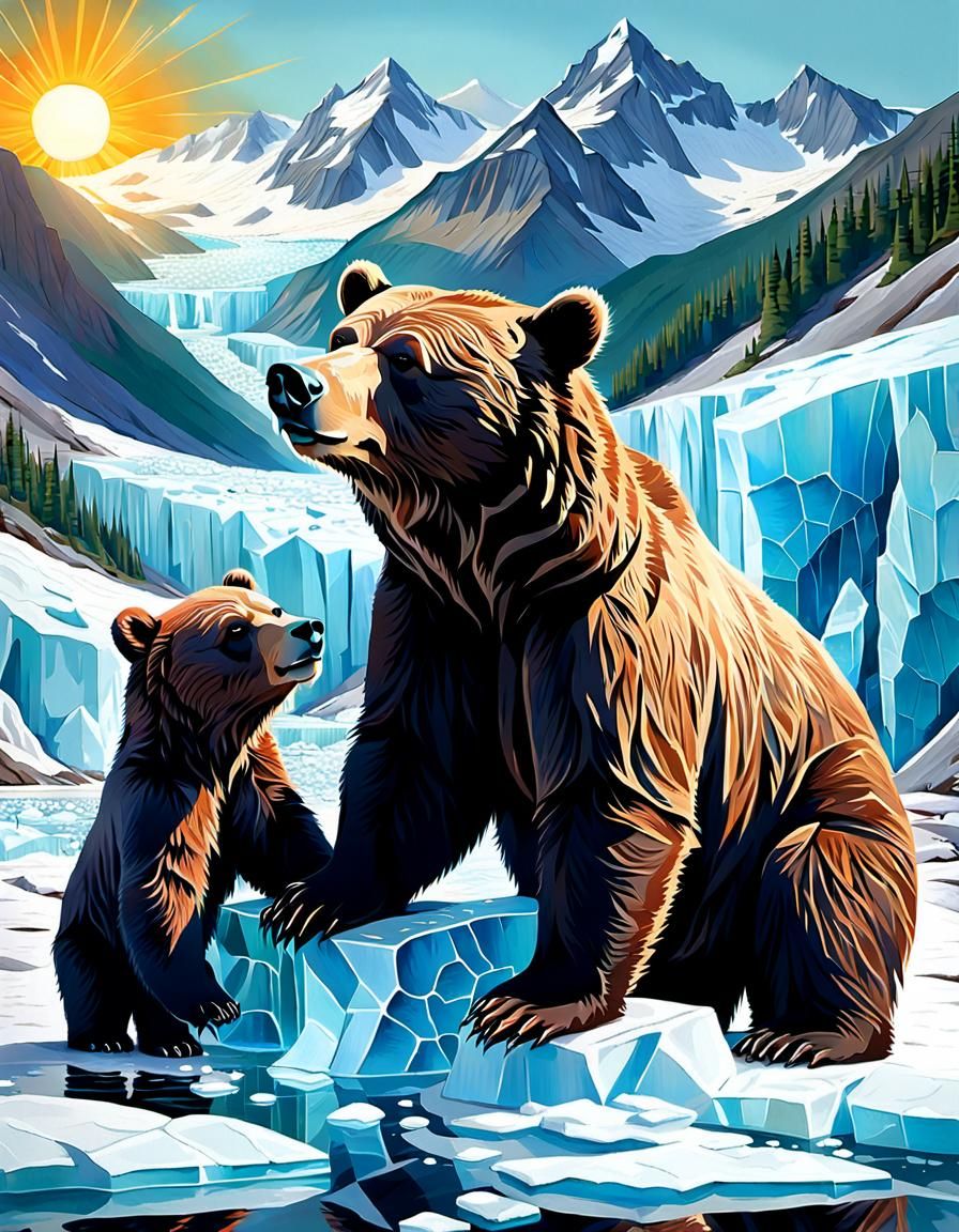 Mother Bear and Cubs on Melting Ice