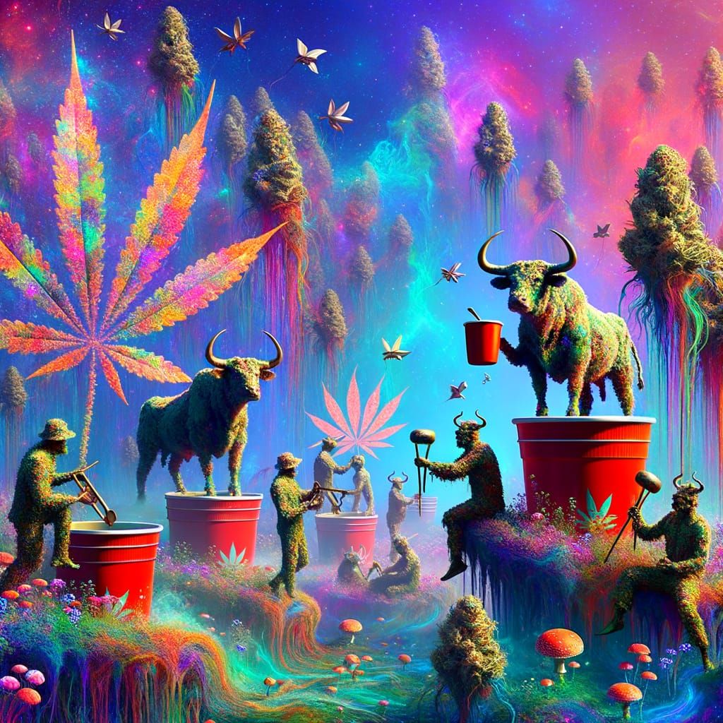 Psychedelic Logo Design with Cannabis and Bull-Human Hybrids