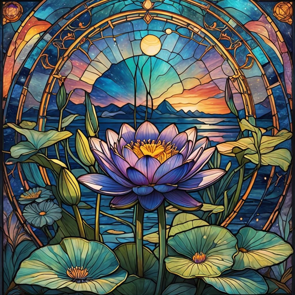 Art Nouveau Stained Glass: Water Lily and Frog