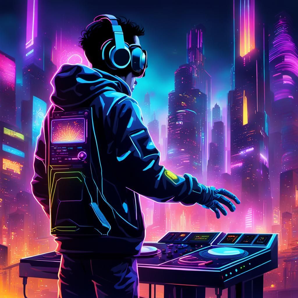 Neon Electronic Music Pioneer in Futuristic Cityscape