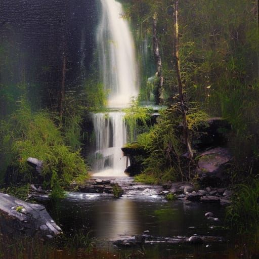 Night Waterfall in Oil Painting Style