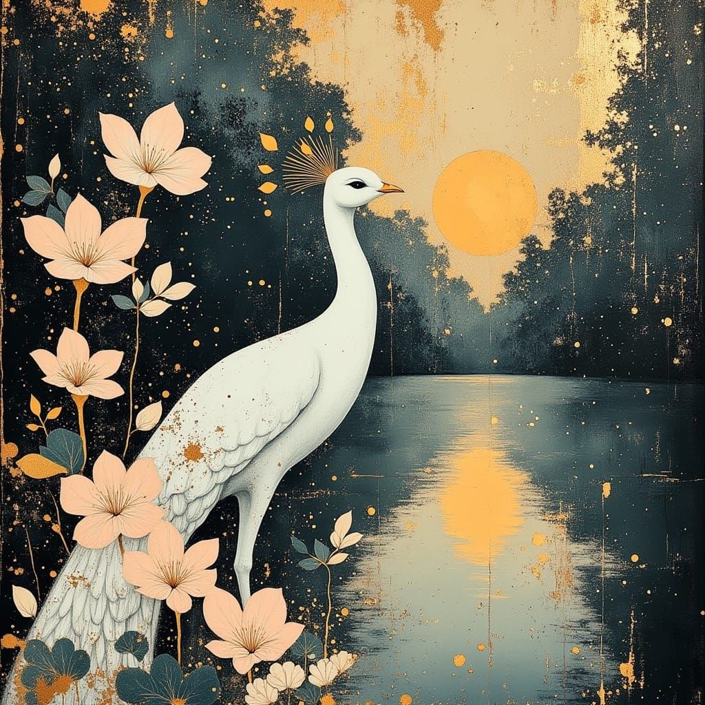 <lora:divineOil:1.0> lora:Art Deco Nouveau:1.0 lora:Moods of smoke:1.0 beautiful stunning white peacock among cherry blo...