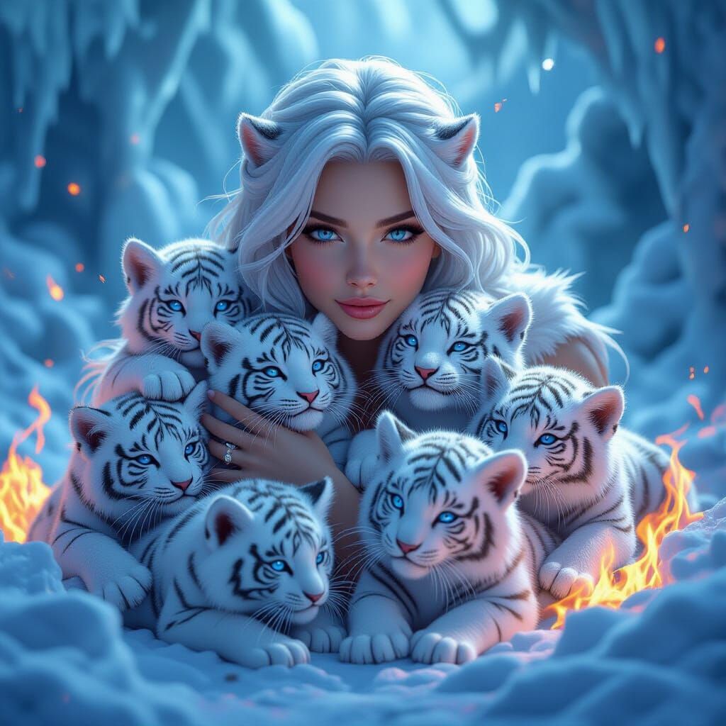 Fantasy Woman Embraced by Tiger Kittens with Fire and Ice