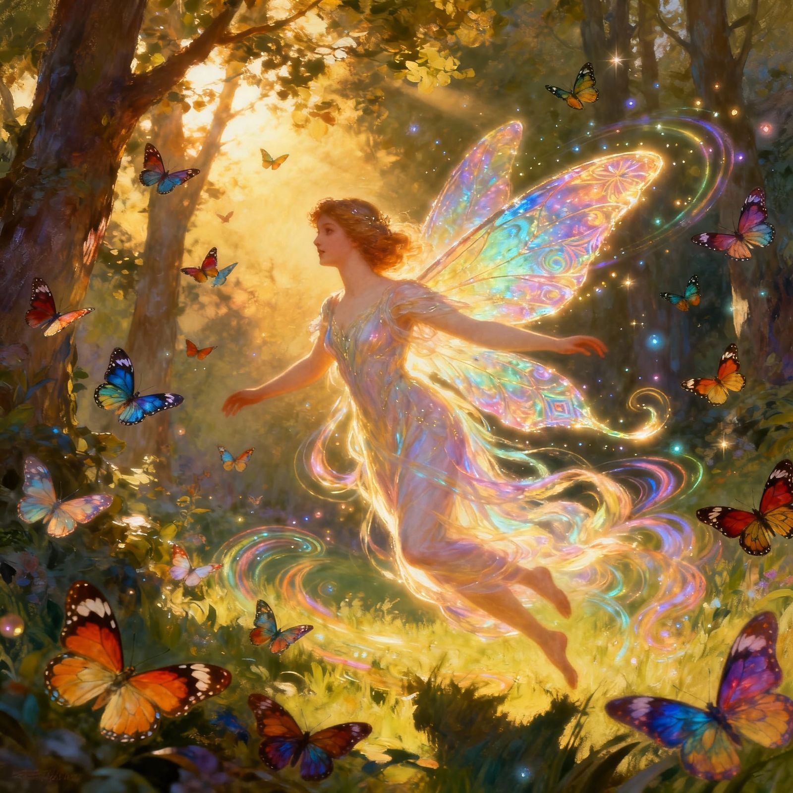 Radiant Fairy and Butterflies in Sun-Dappled Forest
