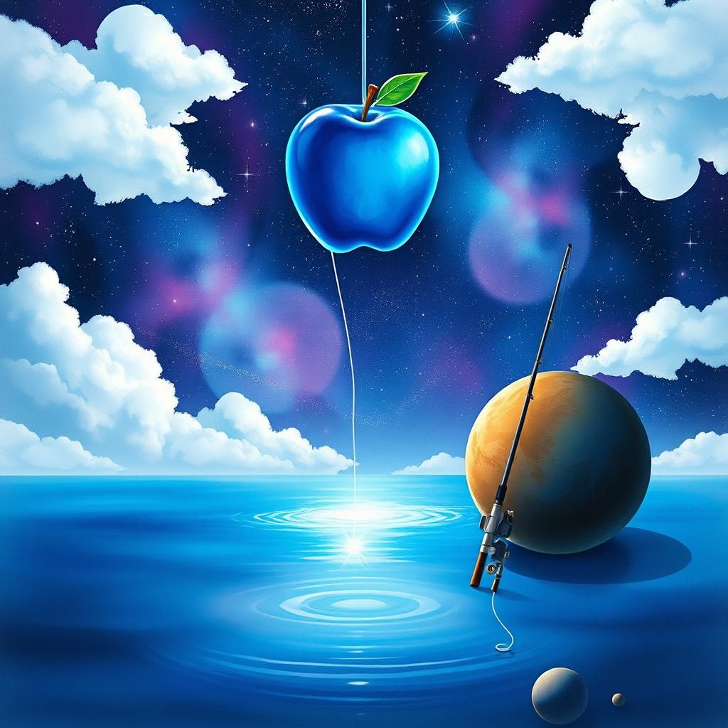 Glowing Apple Above Cosmic Lake, Digital Art
