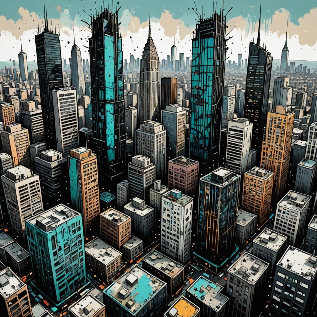 Vibrant Cityscape Doodle in Inkpunk Style