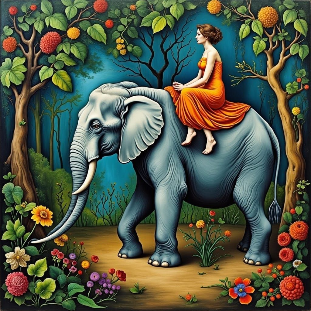 Majestic Jungle Elephant Ride in Naive Folk Art Style