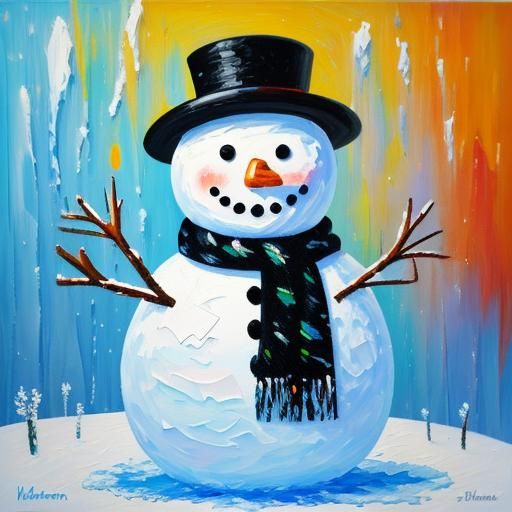 Colorful Snowman in Impasto Expressionist Style