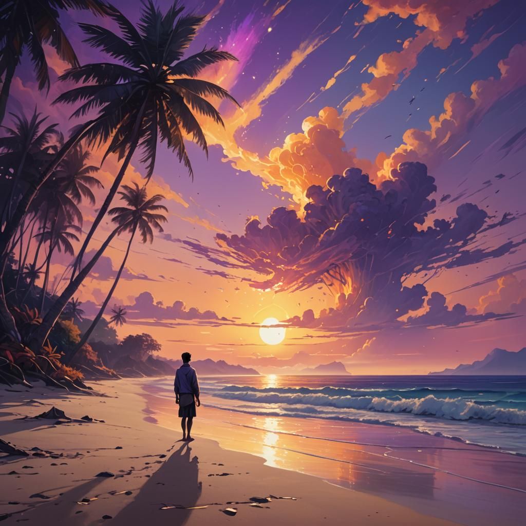 Serene Sunset Beachscape in Art Nouveau Style