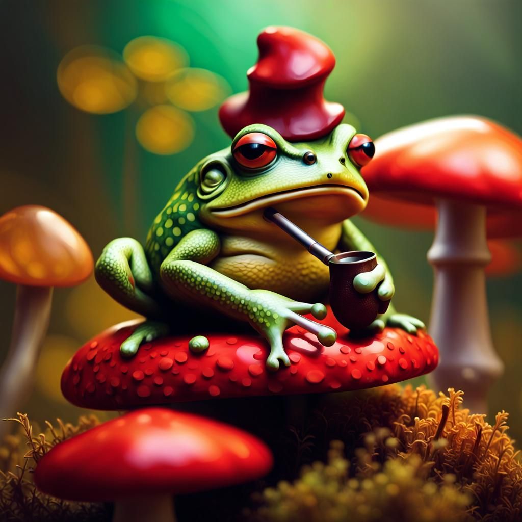 Frog Smoking Pipe on Mushroom, Detailed Painting