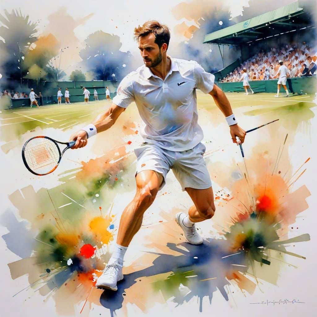 Wimbledon Tennis Match in Expressive Watercolor Style