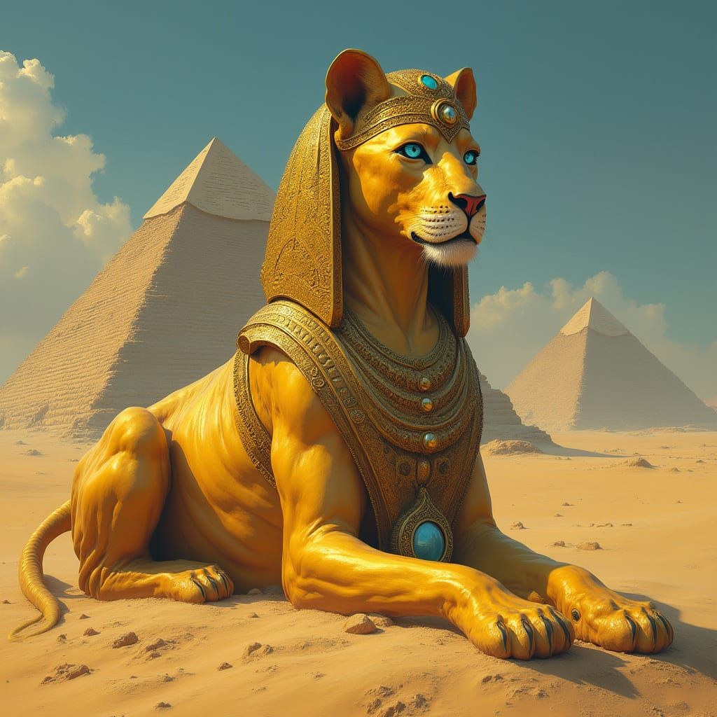 Golden Sphinx in Sahara Desert: Fantasy Art