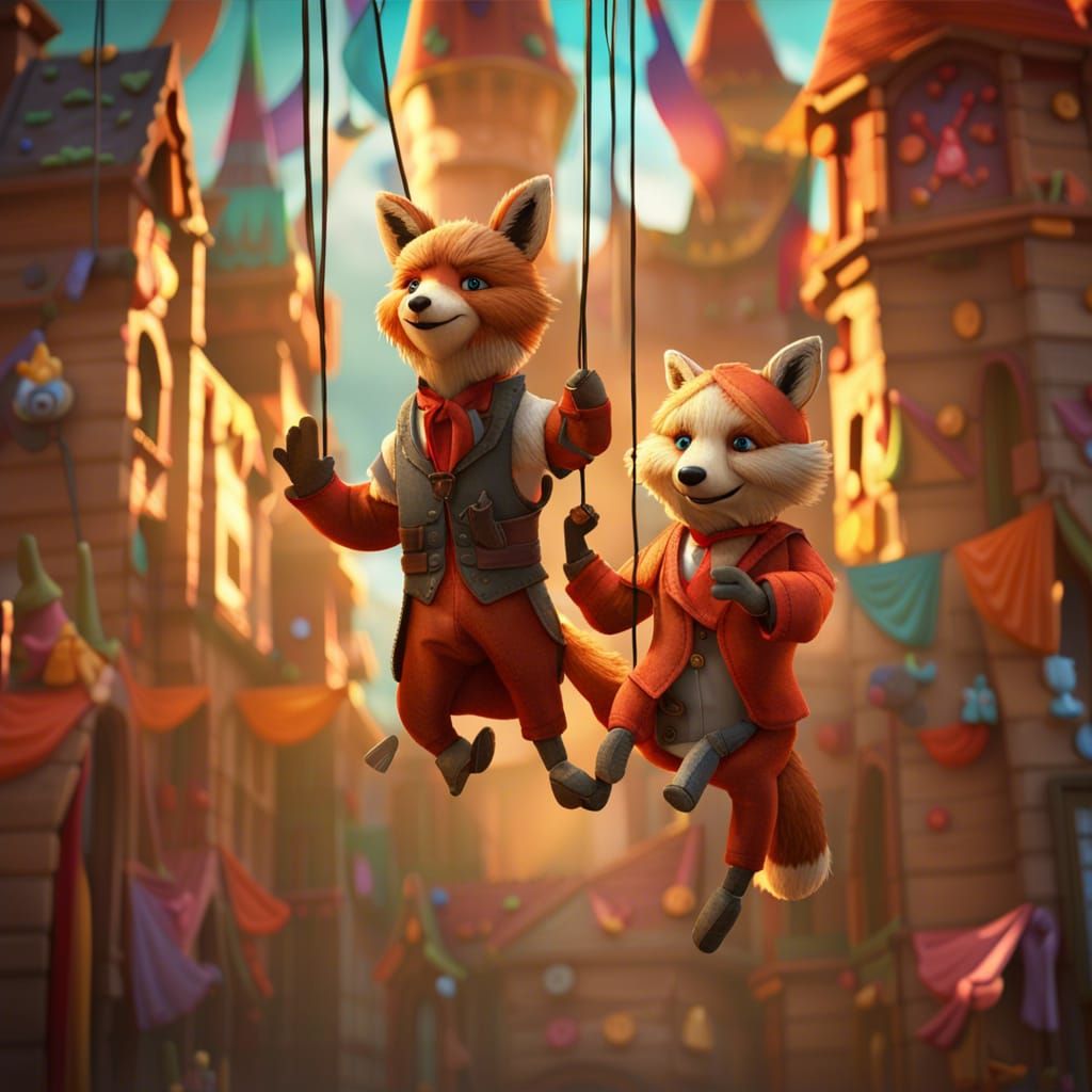 Fox and Bear Marionette Show in Detailed Concept Art