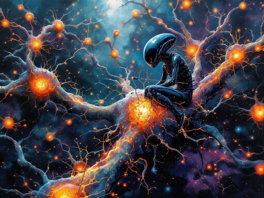 Surreal Cosmic Landscape with Glowing Neurons and Alien Figu...