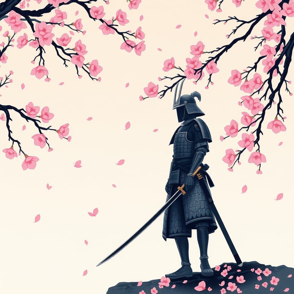Lone Samurai in Ukiyo-e Style Cherry Blossom Scene