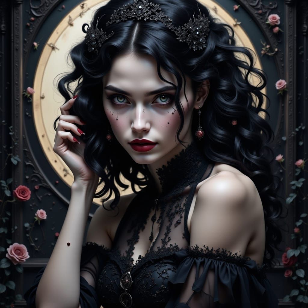 Mysterious Woman With Crimson Eyes in Flowing Gown