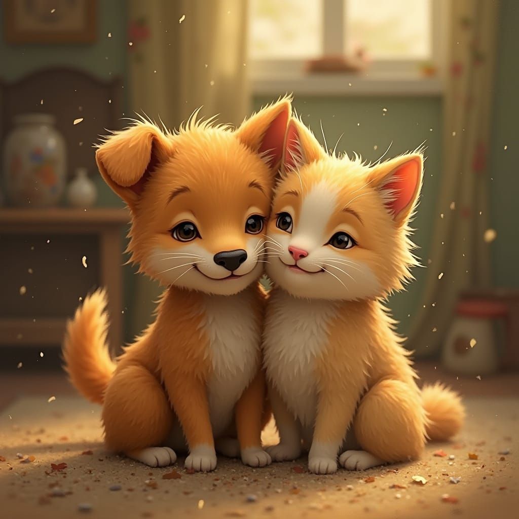 Cat and Dog Cuddling in Storybook Style