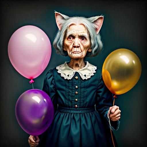 Sad Woman with Cat Balloons: Whimsical 3D Portrait