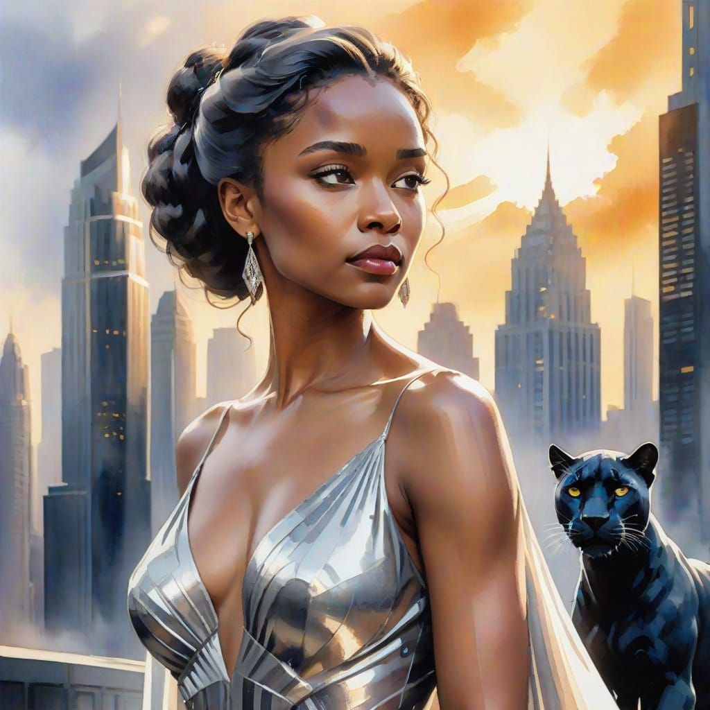 Watercolor Portrait: Woman with Panther in Cityscape