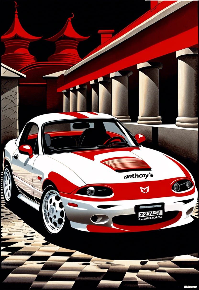 Red Mazda Miata with Devil, Bauhaus Style