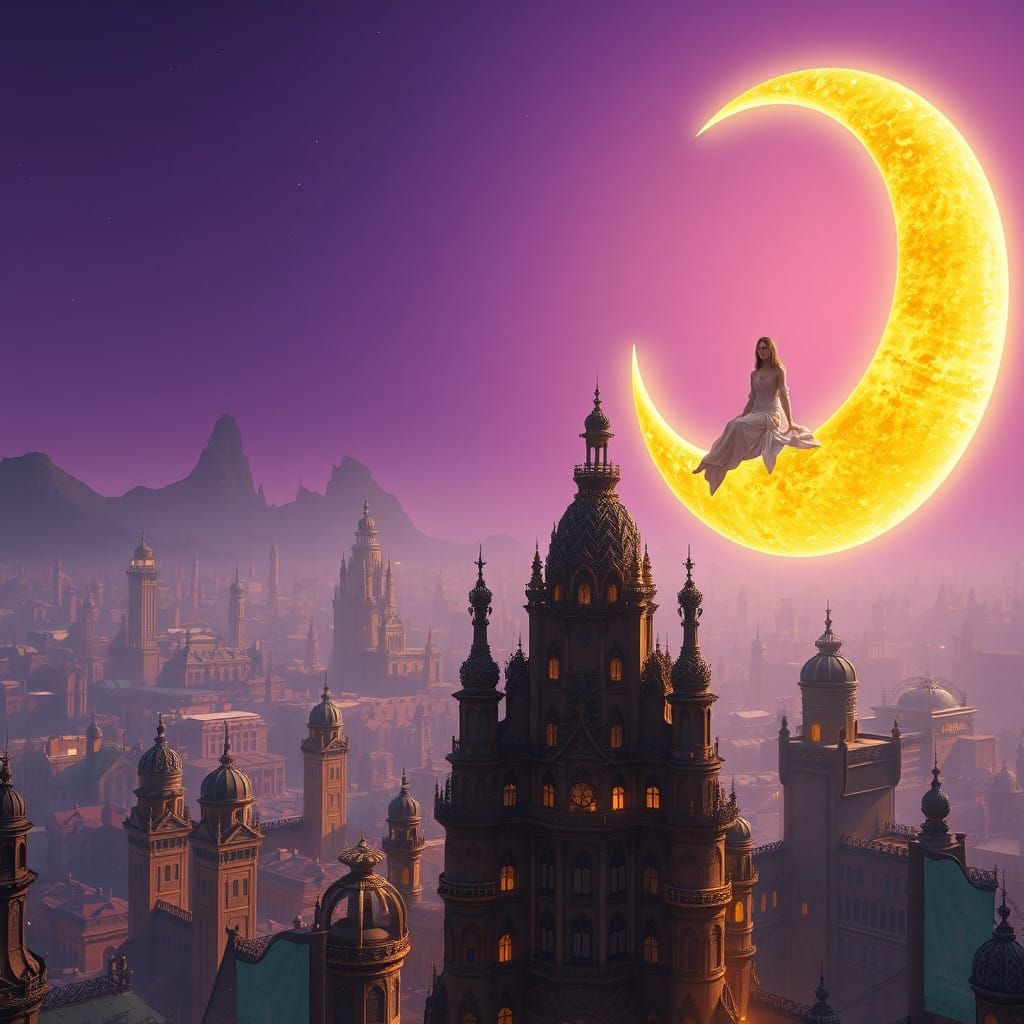 Majestic Cityscape on a Glowing Moonlit Night