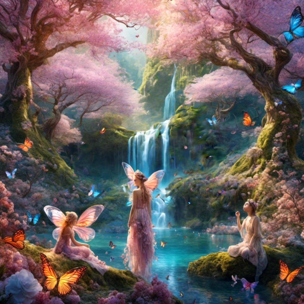 Pixie Fairies by Waterfall in Astral Illustration