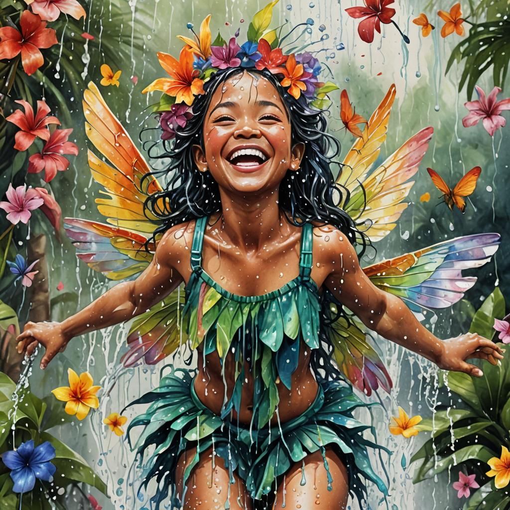 Laughing Fairy in Waterfall Shower: Watercolor Art