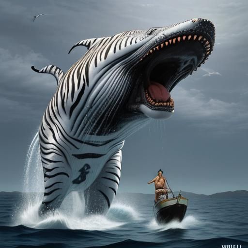 Surreal Whale-Tiger-Zebra Hybrid in Ocean