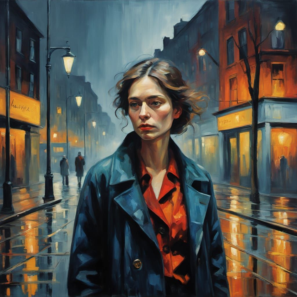 Moody City Street Scene in Expressionist Oil Painting Style