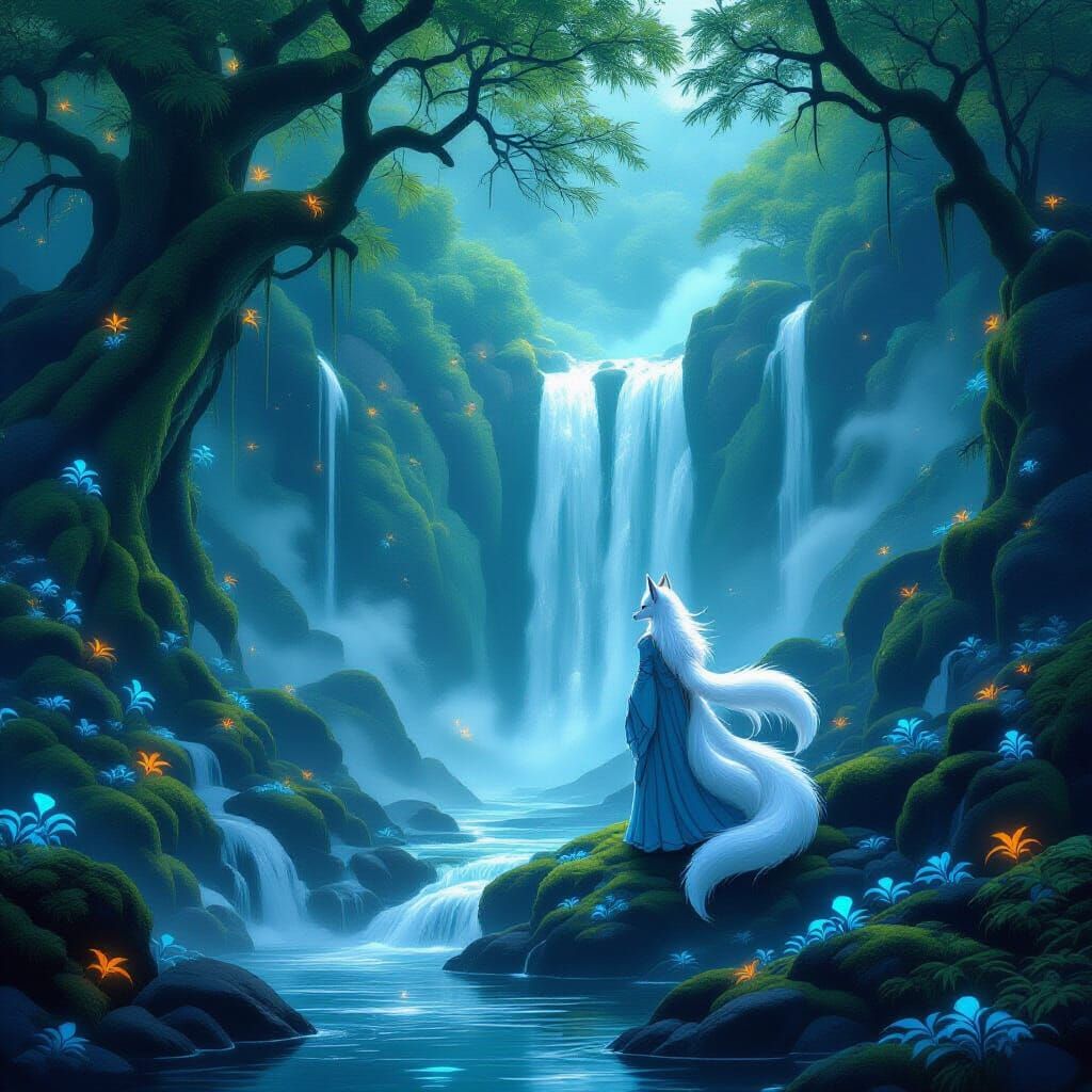 Mystical Nine-Tailed Fox by Enchanted Waterfall