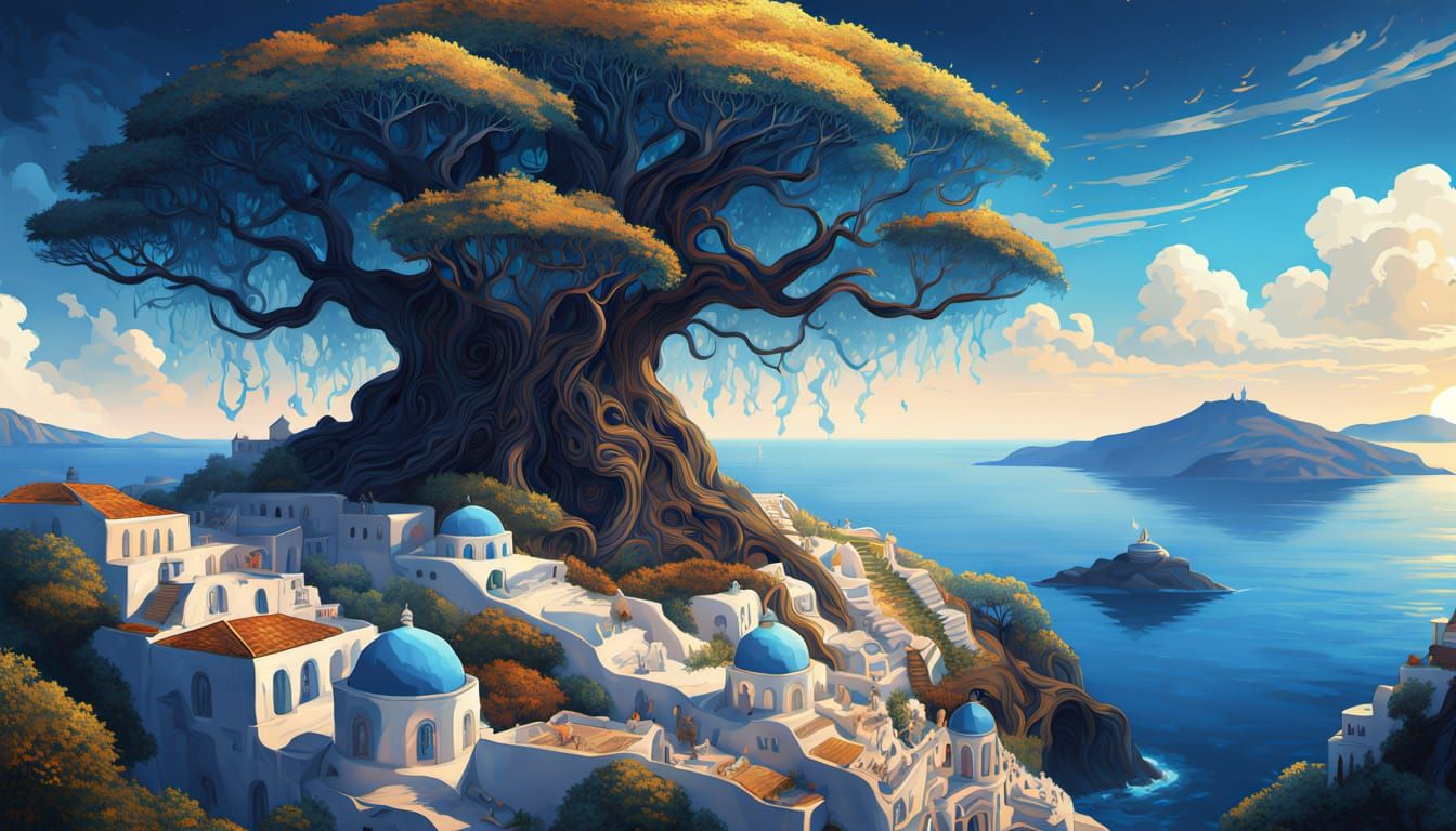 Surreal Santorini Village Amidst Ancient Tree Roots