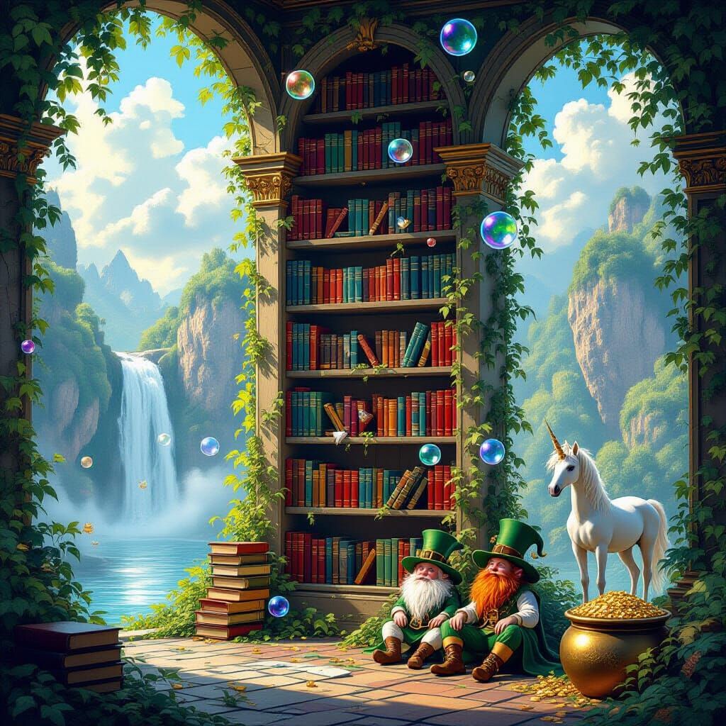 Magical Bookshelf with Fairies and Unicorn