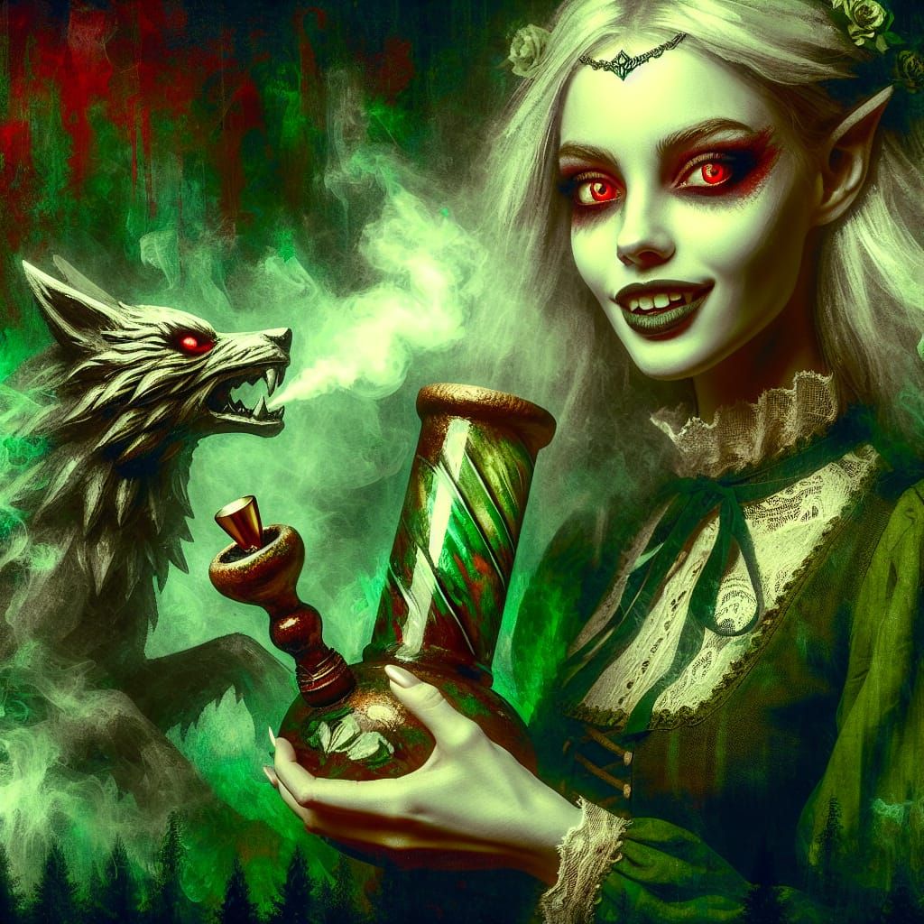 Vampire Woman Smoking a Wolf Bong