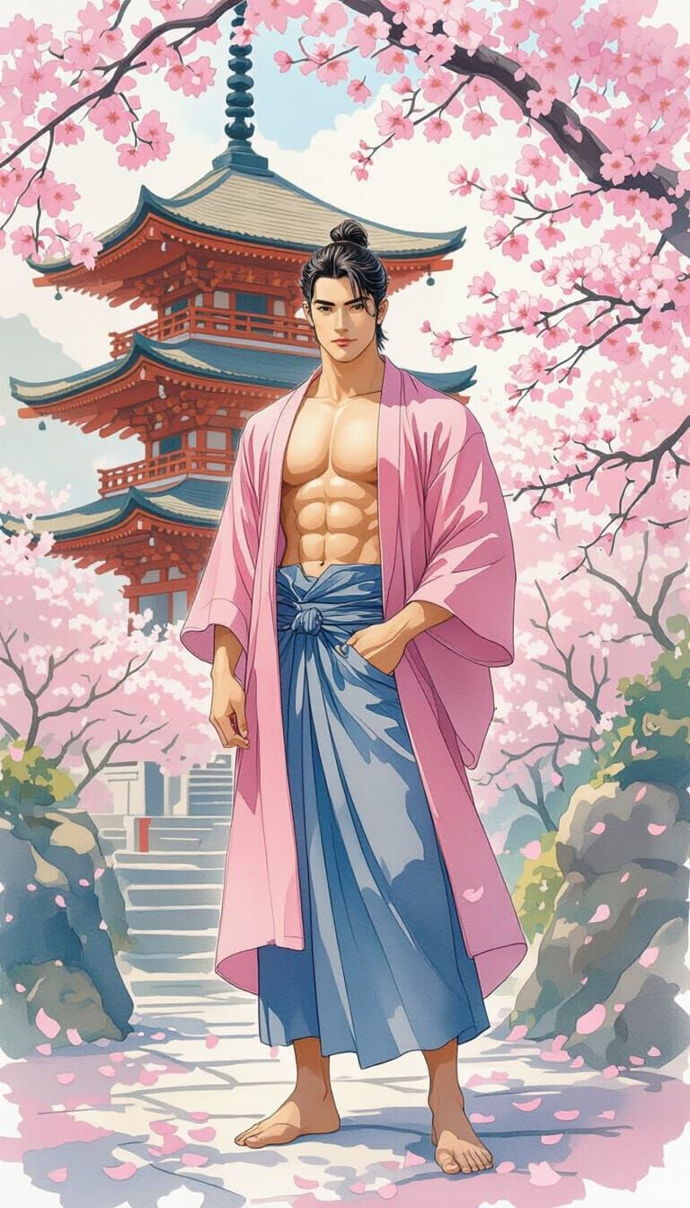 Muscular Asian Man in Pink Robe by Cherry Blossoms in Waterc...