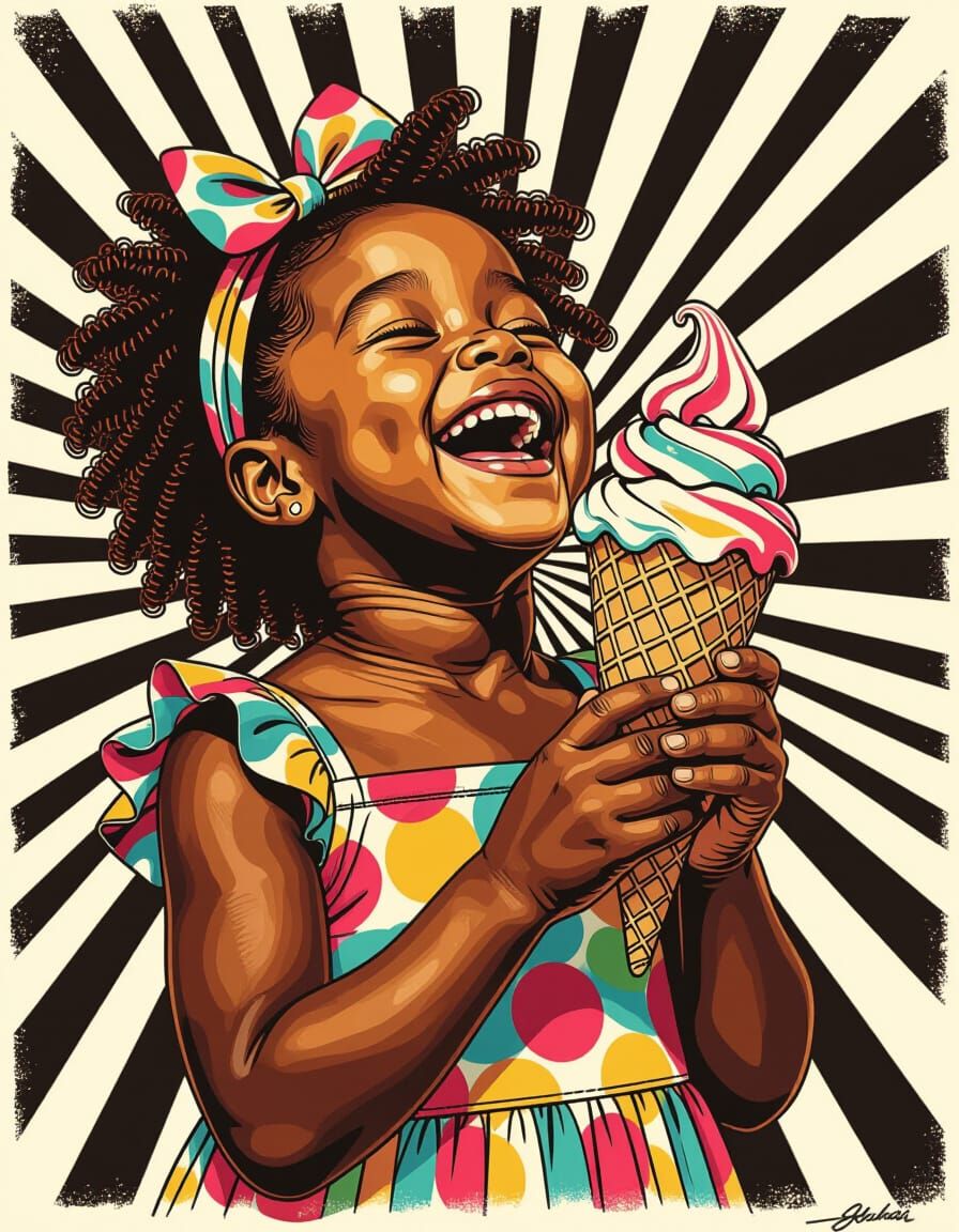 Joyful Girl with Ice Cream, Mechanical Drafting Style