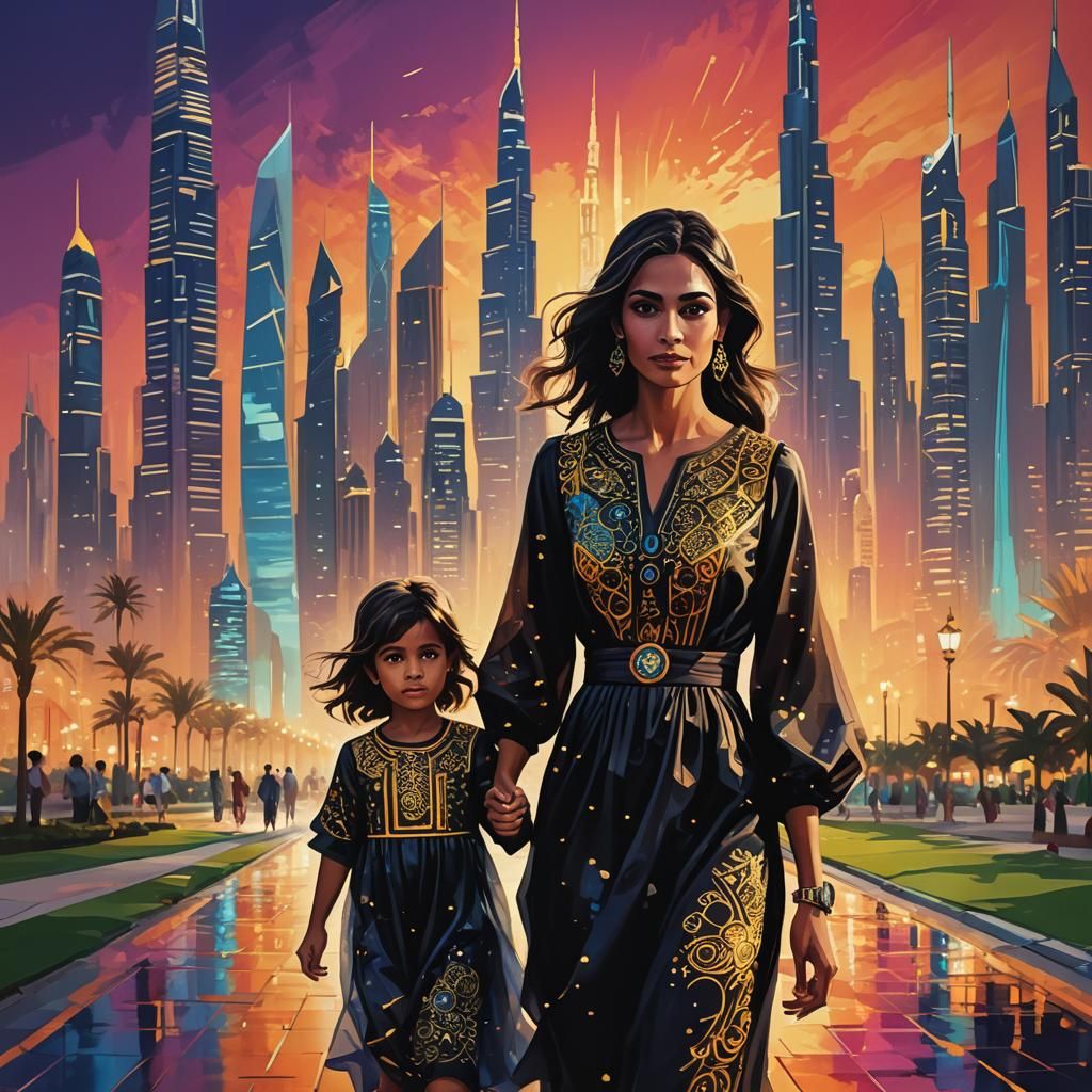 Dubai Mother and Child Silhouette, Art Nouveau Style