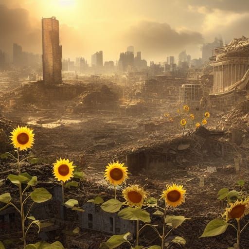 Giant Sunflower Rises Over Post-Apocalyptic Cityscape