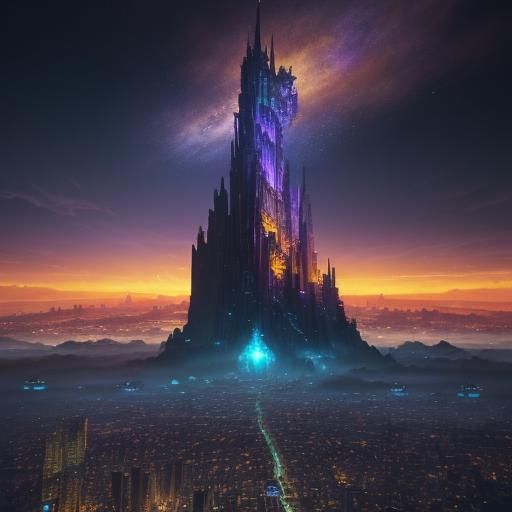 Epic Fantasy City in Clouds at Sunset